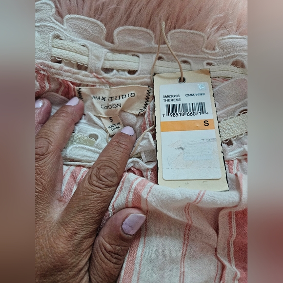 Max Studio London Cream Pink Cotton Stripped  Off the Shoulders Blouse S - Picture 4 of 4